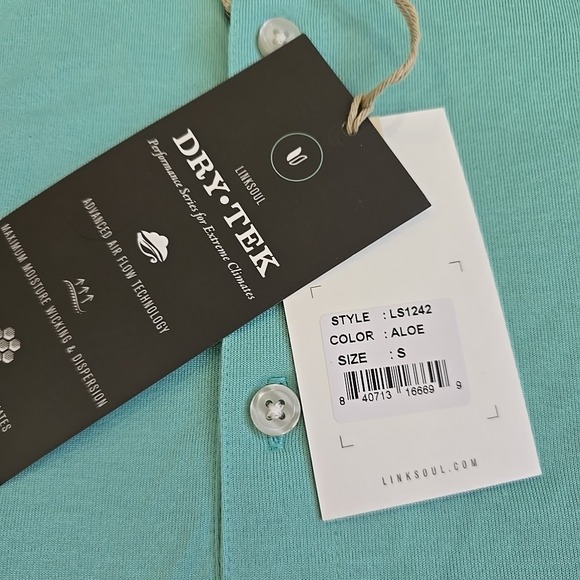 Linksoul Shirt Mens Smal Aloe Green Dry Tek Short Sleeve Golf Polo LS1242 Button - Picture 3 of 5
